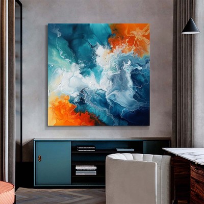 Large Blue Nordic Abstract Modern Hand Painted Oil Painting on