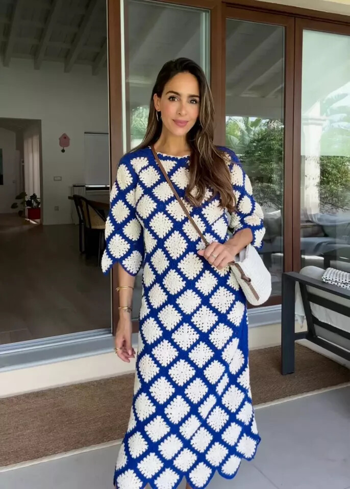 Zara Long Knit Crochet Dress Long Sleeves Blue White Size S Small