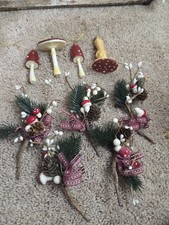 Lot Of 3 Mushroom Ornaments Christmas 5 Picks Greenery Decor