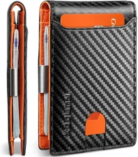 RUNBOX Slim Wallets for Men - Leather Money Clip Mens Carbon Black&Orange 