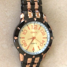 QMX Men's Gunmetal & Rose Gold Watch Round Silver Numbered Dial Linked Band New!