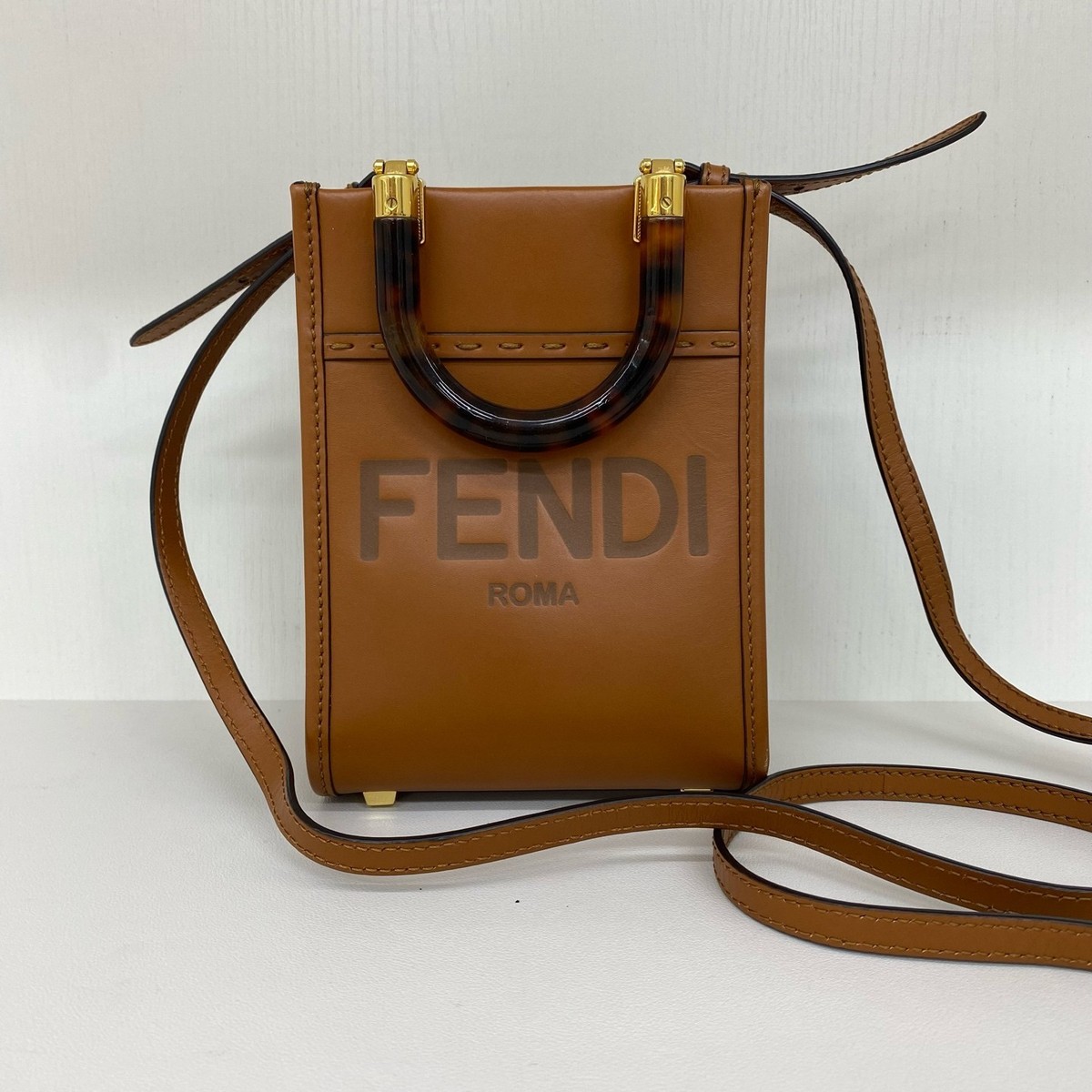 Fendi Mini Sunshine Tote Bag Caramel Tortoiseshell Handle Womens