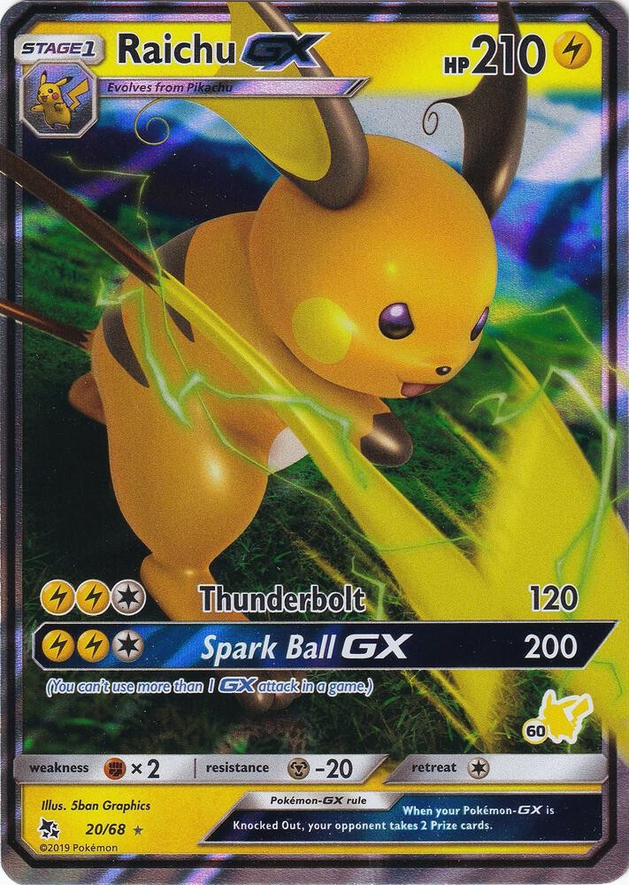 RAICHU GX 20/68 SM HIDDEN FATES POKEMON (BATTLE ACADEMY STAMPED, NM)