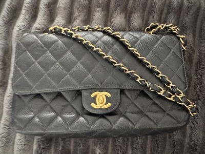 Chanel Caviar Quilted Medium Classic Double Flap Bag Black Gold Authentic 2010 