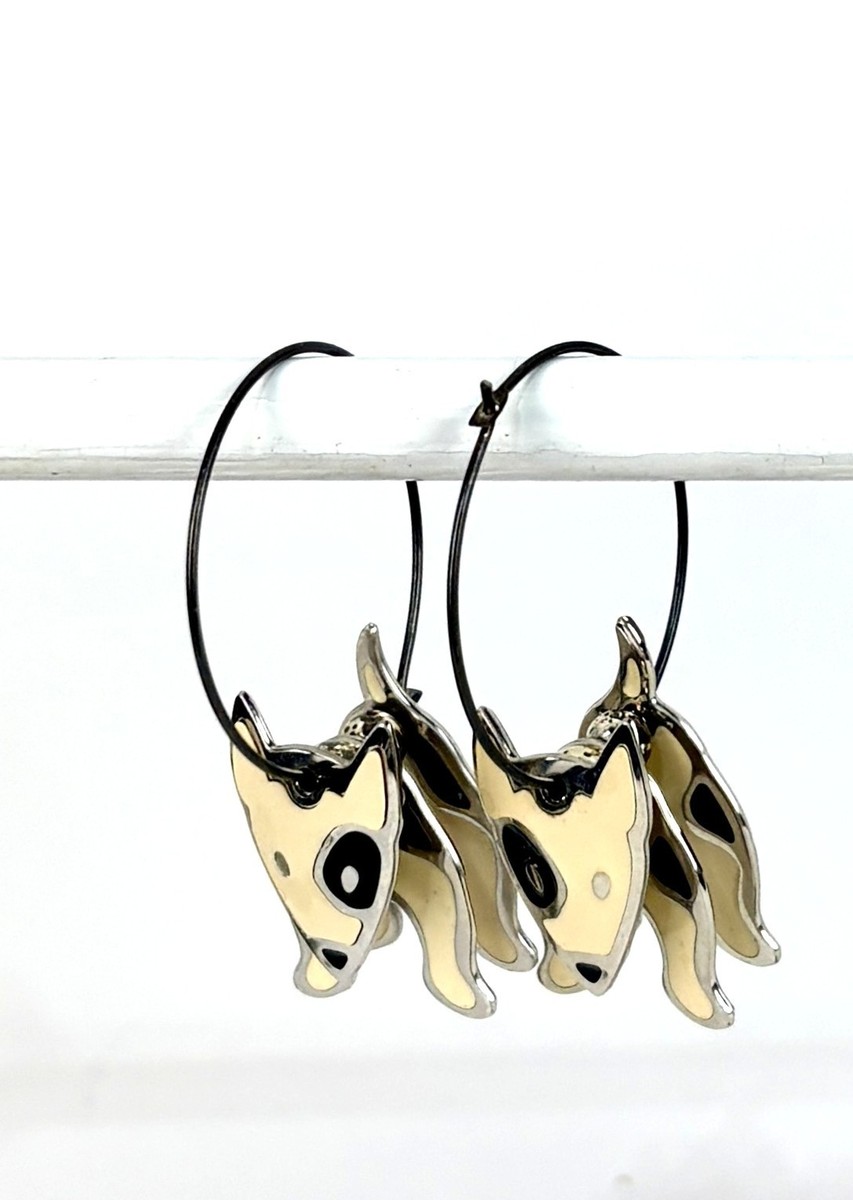 Edgar Berebi Vintage Enamel Pit Bull Bull Terrier Hoop Earrings Charm Dangle