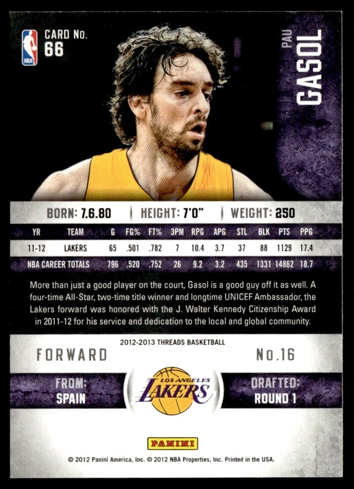 2012-13 Panini Threads Pau Gasol Los Angeles Lakers #66 - Image 2 of 2