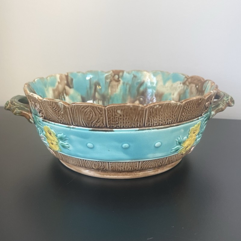 Antique French Majolica Bowl 11” Handle to Handle Turquoise Glaze Floral Relief