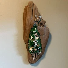Handmade Crushed Glass Christmas Tree on Driftwood  Rhinestone Moose 5" X 11"