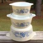 Vintage Pyrex Glass HOMESTEAD Blue Floral Cinderella 4 PC CASSEROLE SET #473-475