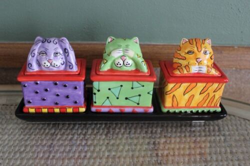 Vassoio portabecchi per gatti C M Redwine 9"" ceramica arte popolare dipinto a mano firmato 3 gatti (I) - Foto 1 di 10