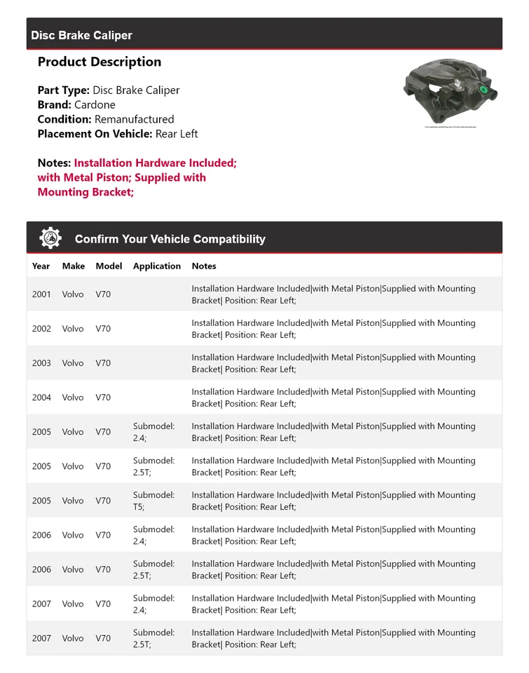 Pinza de freno de disco trasera izquierda cardone 2002 2003 2004 2005 para Volvo V70 2001-2007 Foto 2 de 4