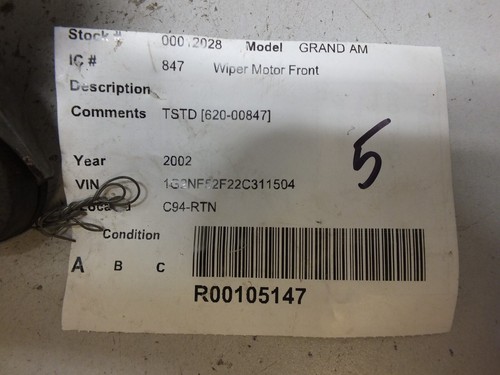98 99 00 01 02 03 04 05 GRAND AM CAVALIER SUNFIRE WIDSHIELD WIPER MOTOR #5 - Picture 8 of 8