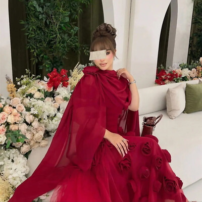 Red 3D Flowers Shawl Elegant Party Dresses Stole Evening Prom Small Tail