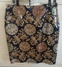 1195 RALPH LAUREN BLACK GOLD SKIRT COTTON SILK EMBROIDERED PRINT LINED 12