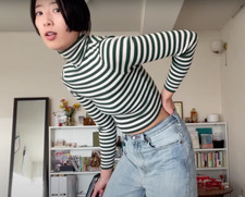 Zara Corto Maglia collo Alto Maglione Polo Verde Righe L Large 12 8 40