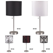NEW Brushed Steel Base Black/Floral/White w/ Fabric Shade 19" Table Lamp 8312