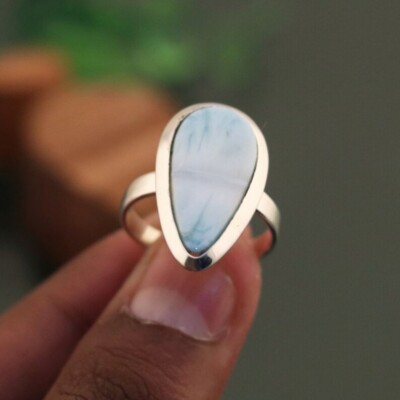 Blue Pear Larimar Ring Boho Ring Handmade 925 Sterling Silver Women's Ring Gift