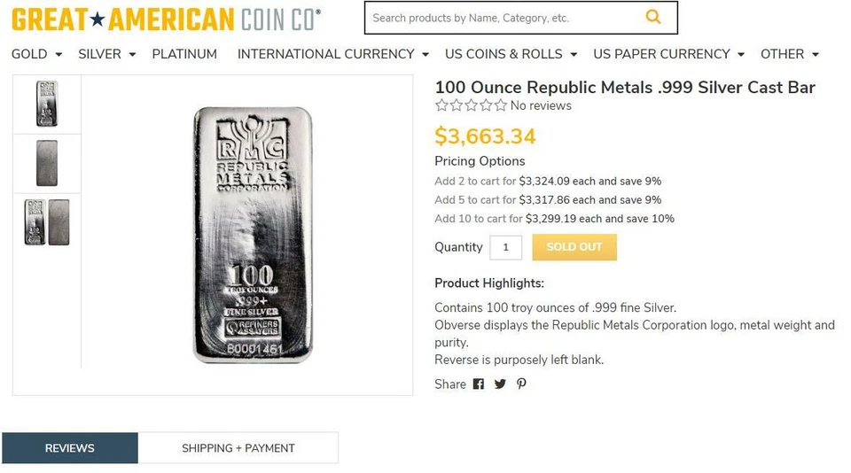 999 Fine 100 oz ounce Republic Metals RMC Pure Silver Bar 6.86 pounds 3.1 Kilo  - Image 2 of 4