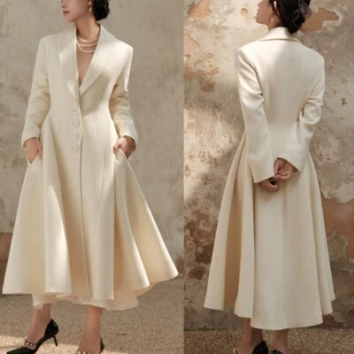Damen Mantel Beige Tweed Jacke Robe Winter Schlank Lang Elegant Spazieren Custom - Bild 1 von 4