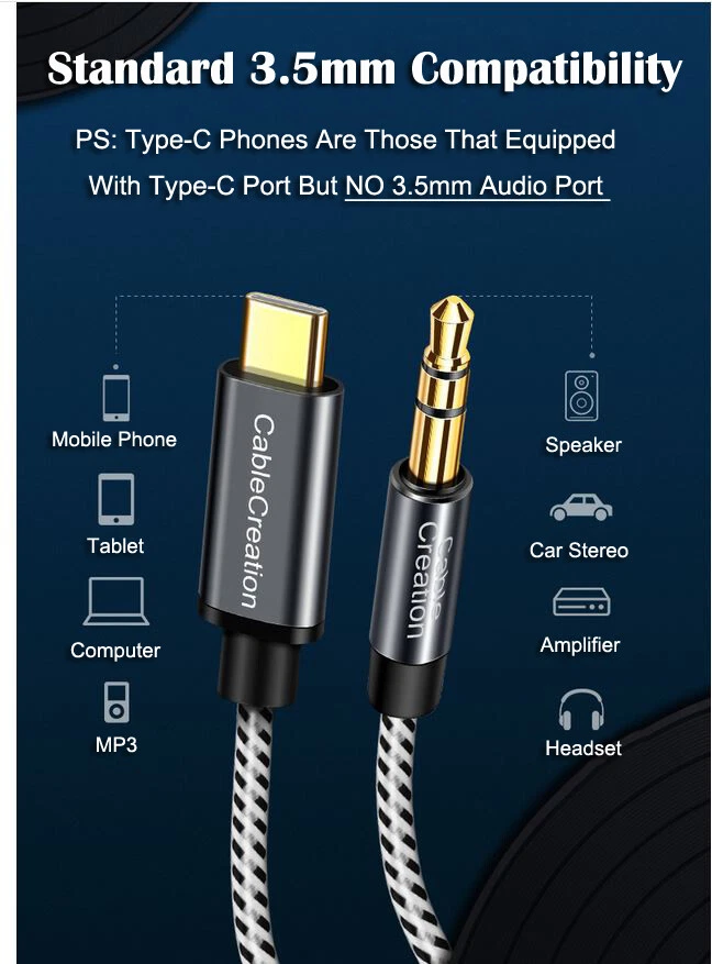 Premium USB Type-C Male To 3.5mm AUX Male Adapter Cable Stereo Audio Cord 1M 2M - Image 3 of 4