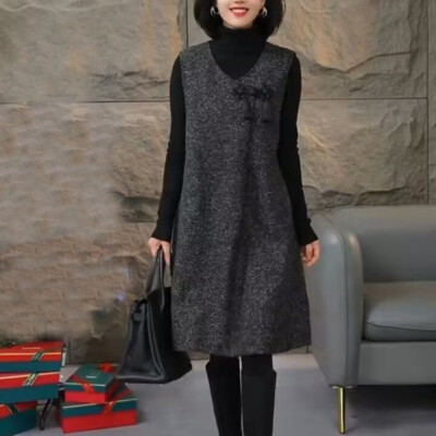 Women's Wool Blend Sundress Loose Winter Pullover Dress Casual Chinese  Style | eBay