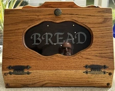 1980S SOLID WOOD (OAK) FARMHOUSE BREAD BOX WITH GLASS WINDOW --15” X 11"X 10-1/4