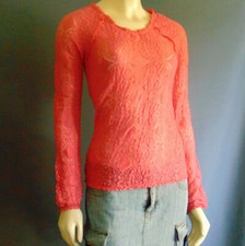 Free People Coral Floral Stretch Puckered Lace Top Sm