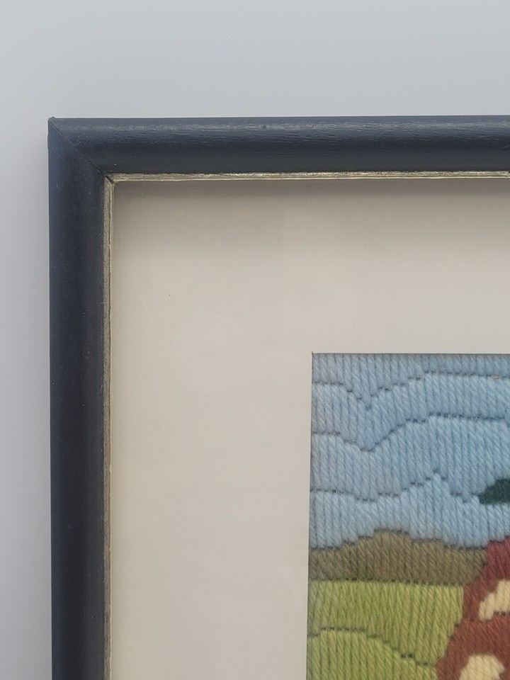 Vintage Mushroom Crewel Framed Picture Wall Hanging Needlepoint Plants