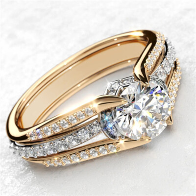 Charm Two Tone 925 Silver Ring Cubic Zirconia Women Party Gift Size 6-10