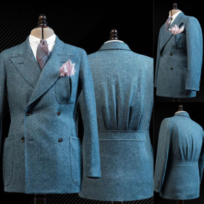Tweed Herringbone Men Coat Double Breasted Wide Peak Lapel Formal Blazers