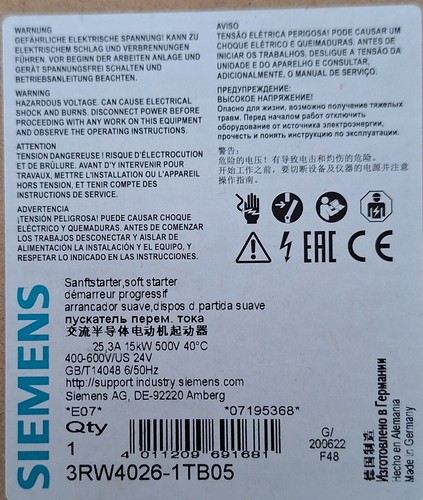 Siemens 3RW4026-1TB05 SIRIUS Soft Starter 24V 25A 15kW 500V AC Ne - Foto 6 di 6
