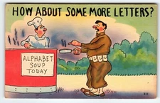 US Army Military Postcard Alphabet Soup Today Chef 1940's War Linen WW2 Humor