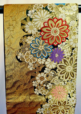 Japanese Kimono SILK Fukuro OBI, Foil, KIKU,SAKURA,Kara-Ori,Gold,L14'4''..3606