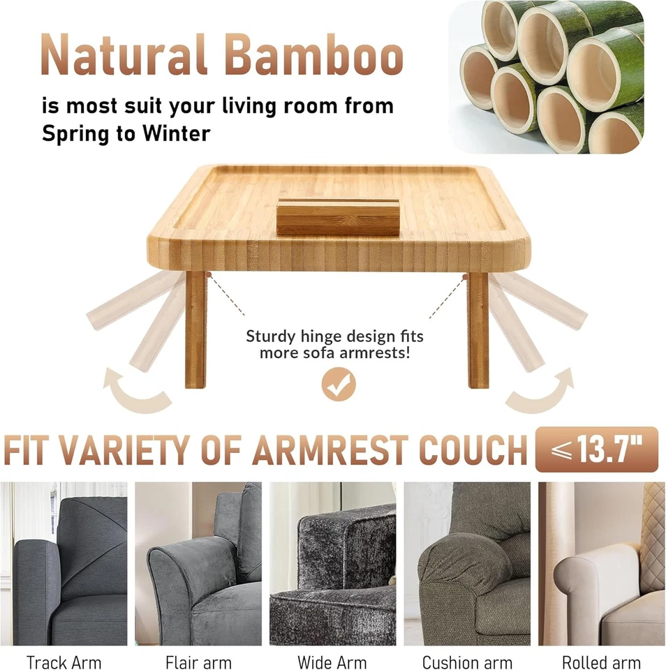 SINWANT Couch Arm Tray Bamboo Clip-On Sofa Table Foldable with 360° Phone Holder - Image 3 of 4
