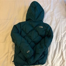 The North Face Boys 550 Down Hooded Puffer Jacket Teal Plaid M 10/12 