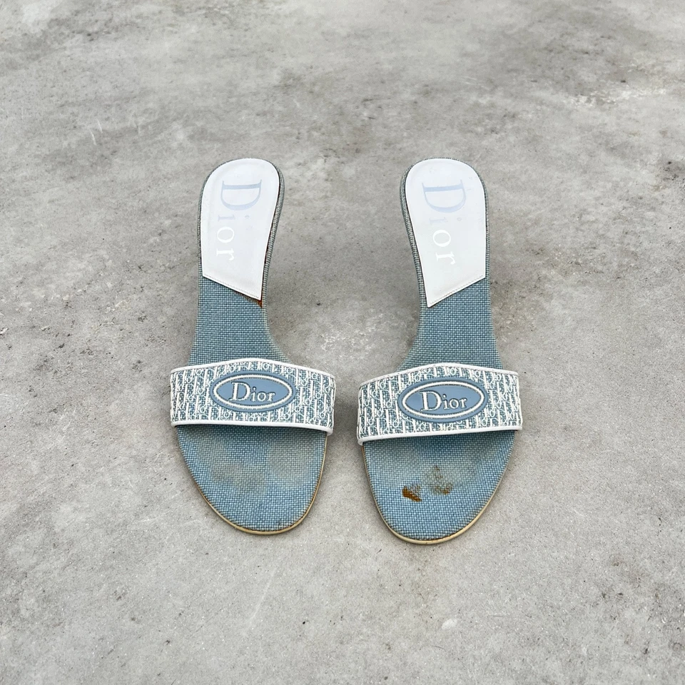 Dior | Authentic Vintage Logo Monogram Denim Blue White Mules Rare (37) - Image 2 of 4