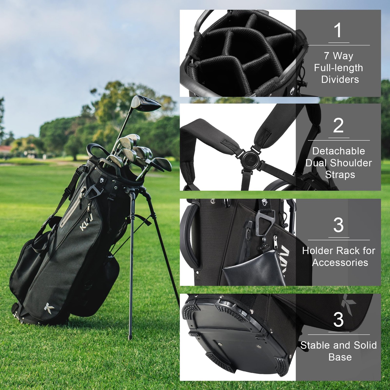 KVV Lightweight Golf Stand Bag with 7 Way Full-Length Dividers, 5 Zippered Po...