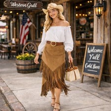 CHICO  S brown faux suede fringe midi skirt size 12 western Cowgirl festival