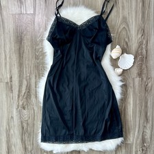Black Satin Lace Trim Full Slip Adjustable Straps Sheer Women's Slip Large