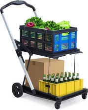 Folding Shopping Cart w/Wheels Collapsible Cart with Storage Crate 2-Layer Black