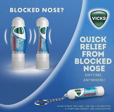 2 X Vicks Inhaler for Nasal Congestion Cold Blocked Nose Sinus Fast Relief