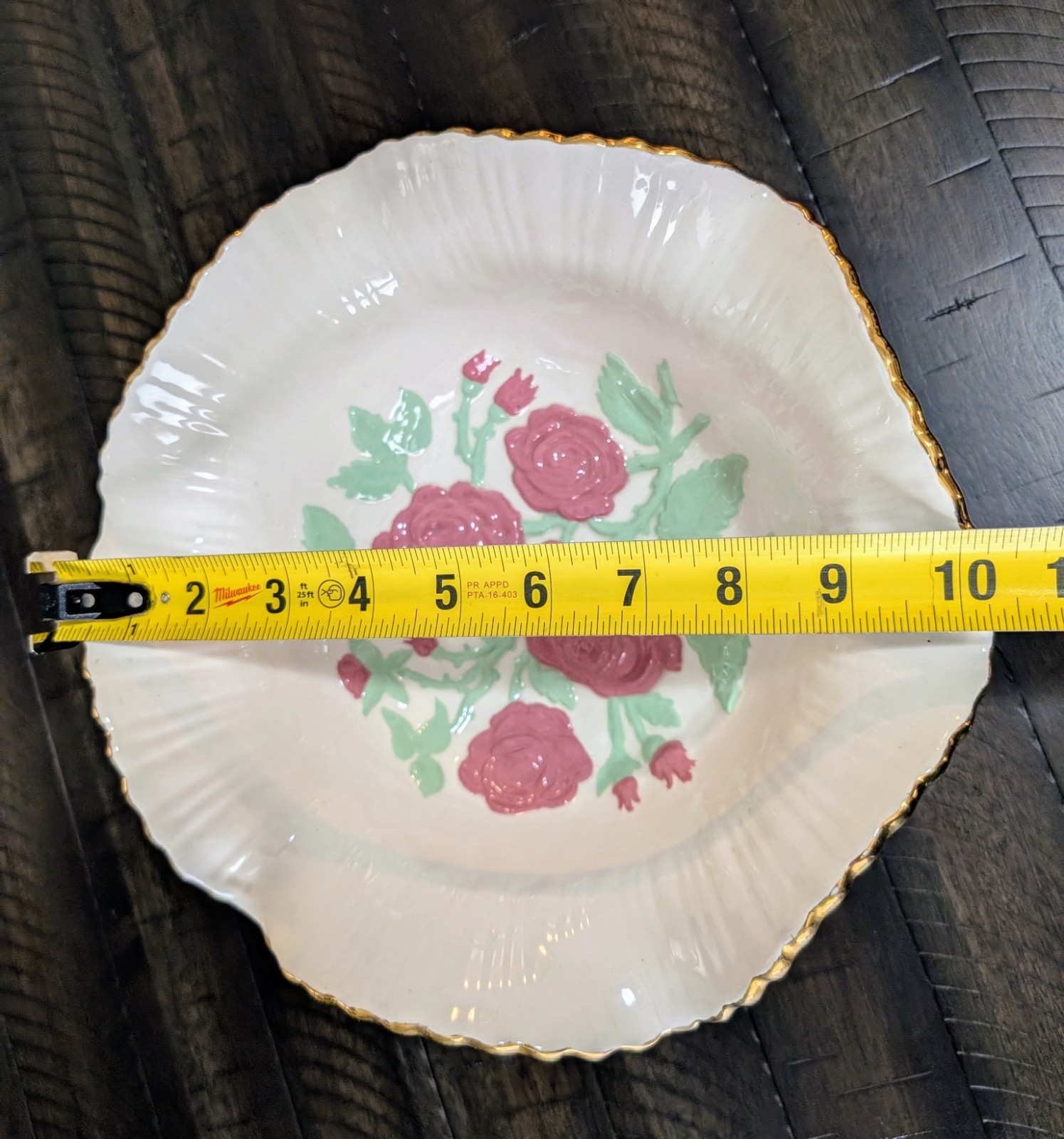 Vg Hand Made & Painted Ceramic Footed Candy Dish Roses White Pink Green 10"