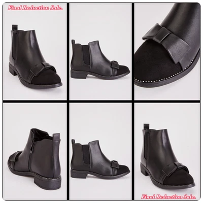 LADIES CLEARANCE WOMENS BLACK UK SIZES 4-7 FRONT BOW/DIAMANTÉ TRIM LOW HEEL ANKLE BOOTS