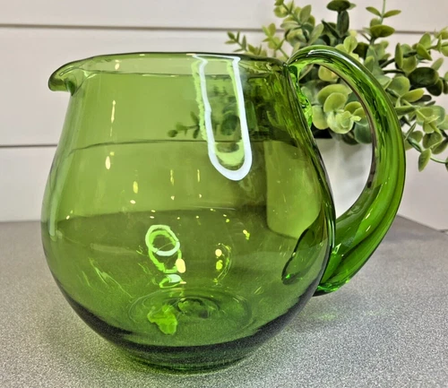 1950s BLENKO GLASS 3750L Olive Green Squat Pitcher w/ Handle w/ ORIGINAL STICKER