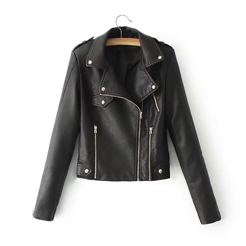 Kunstleder Damen Jacke Revers Langarm Reißverschluss Tasche Herbst Winter Mantel - Bild 5 von 30