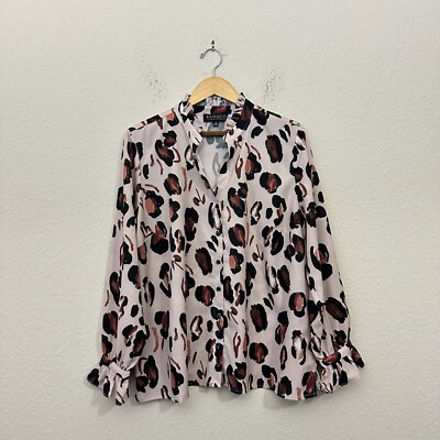 ELOQUII Button Down Shirt Womens Sz 18 Multicolor Cheetah Print LS Ruffle Neck