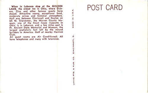 THE GOLDEN LAMB INN & RESTAURANT - LEBANON - OHIO USA - OLD PODTCARD - Picture 2 of 2