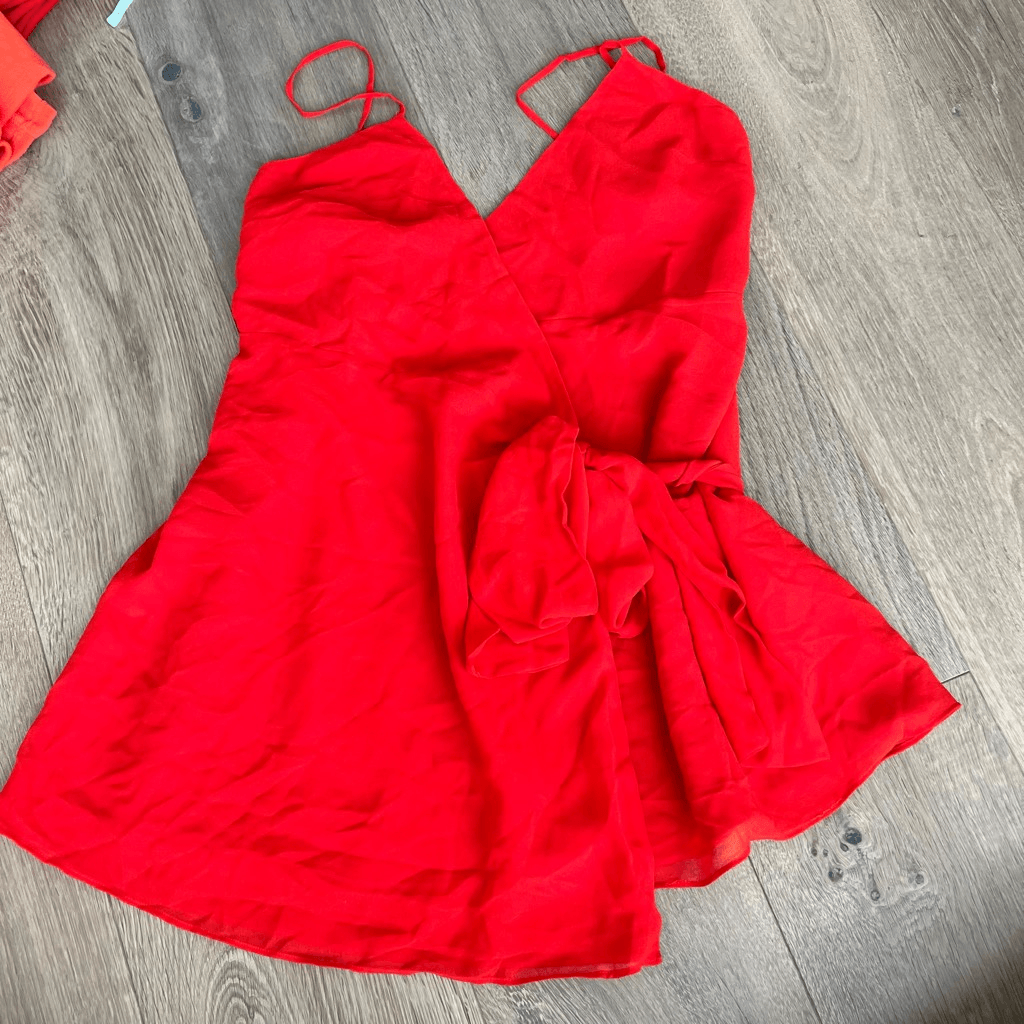 lpa red dress LPA By Revolve Red Wrap Daydream Front-Tie Dress with Bell Sleeves