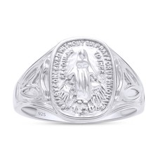Miraculous Medal Ring for Women 14K White Gold Plated 925 Sterling Silver