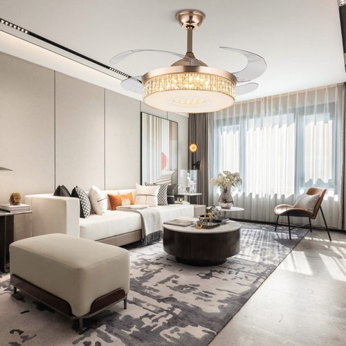 42" Gold LED Invisible Ceiling Fan Light Modern Crystal Chandelier Lamp W/Remote